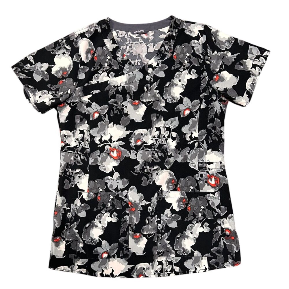 Carhartt, Women's Stretchy Scrub Top, Black White Floral, Small, Used